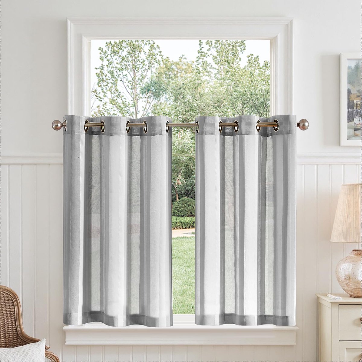 Vitrage met oogjes, transparant, bistrogadine, landhuis, strepen, voile, keukengordijn, gestreept, keukengordijnen, paar, voor badkamer, klein raamdecoratie, 90 x 60 cm (b x h), grijs