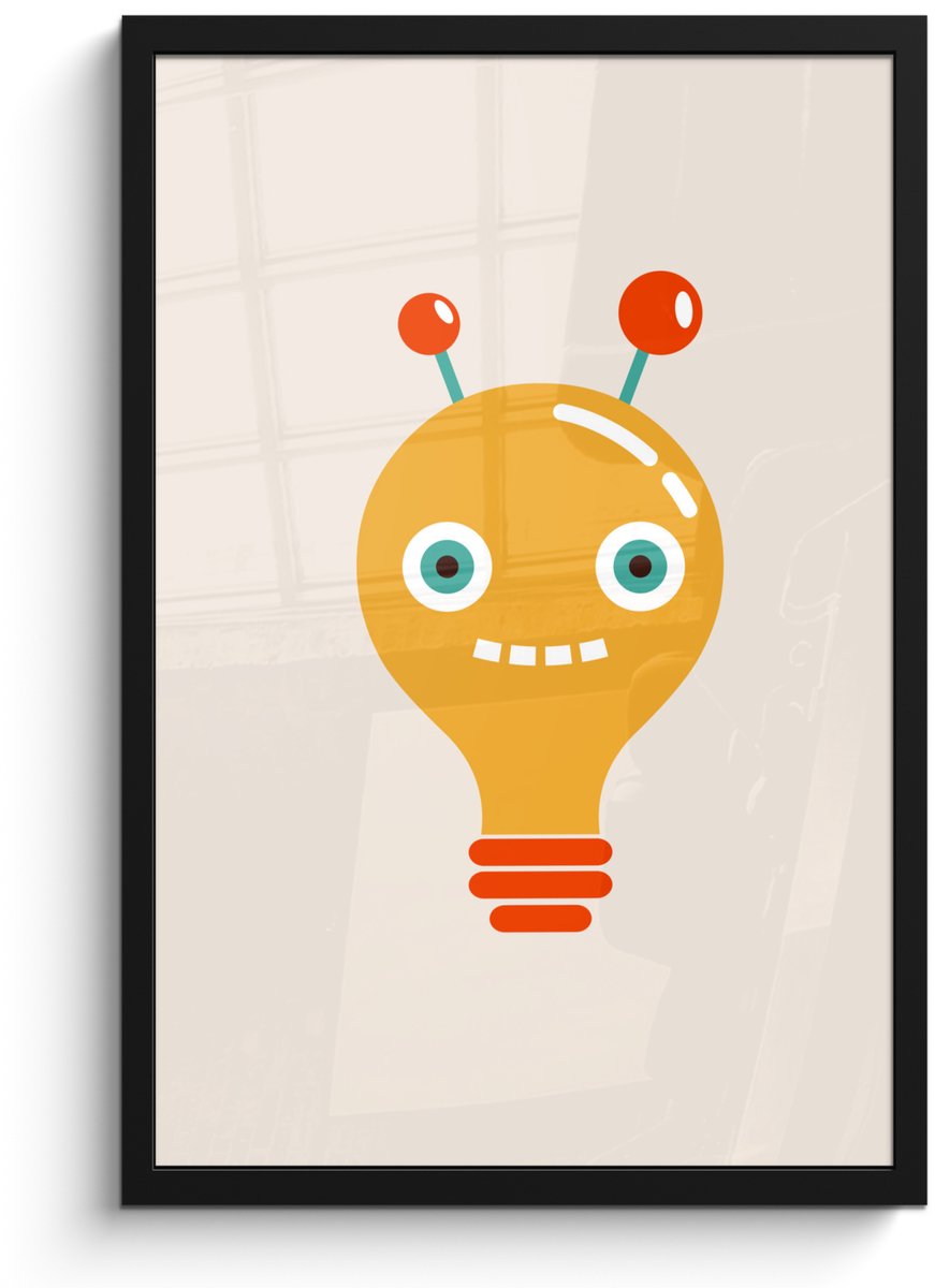Poster in fotolijst kinderen - Robot - Gloeilamp - Gezicht - Antenne - Kinderkamer decorat