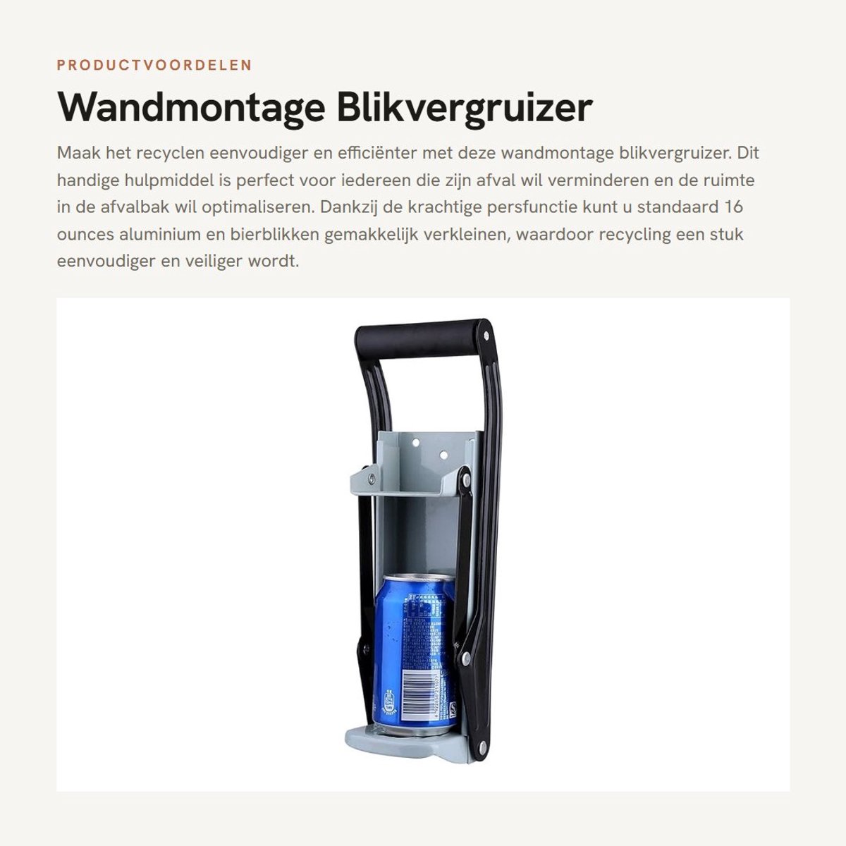 Dailygoods- Blikpers Muurmontage - Blikjespers - Flessenpers tot 2.5 liter - Recyclinggereedschap - Handvat voor comfortabel gebruik - Geschikt voor 16 oz blikjes
