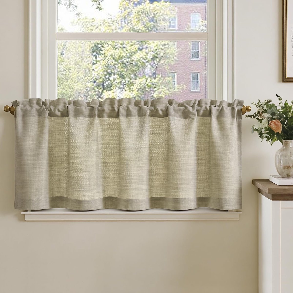 Vitrage bistrogordijn, set van 1 stuks, 40 cm x 125 cm (h x b), vitrage, lichtdoorlatend, taupe, linnenlook, raamgordijn, gordijn, modern, gaas, sjaals, raamsjaal, keuken, woonkamer