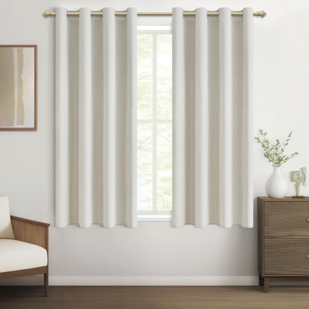 Gordijnen met ogen, ondoorzichtig, linnenlook, slaapkamer, keuken, raam, kort, set van 2, 100% verduisterende gordijnen, korte gordijnen voor woonkamer, 160 cm lang, 140 cm breed, ivoorwit