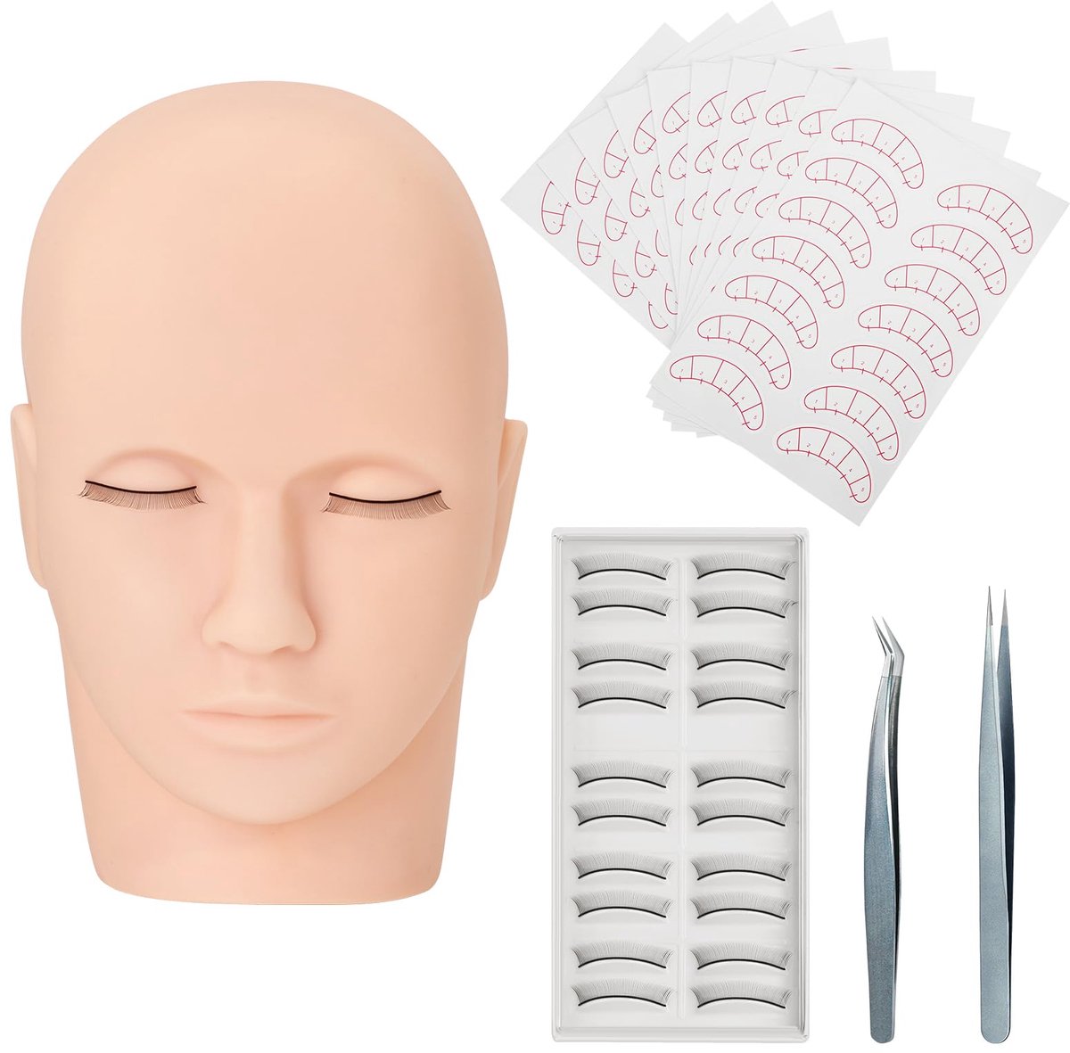 professionele wimperverlengingsset, oefenset met mannequin-hoofd, 10 paar wimpers en kaartpapier, 2 blauwe pincetten, trainingsset voor beginners en training