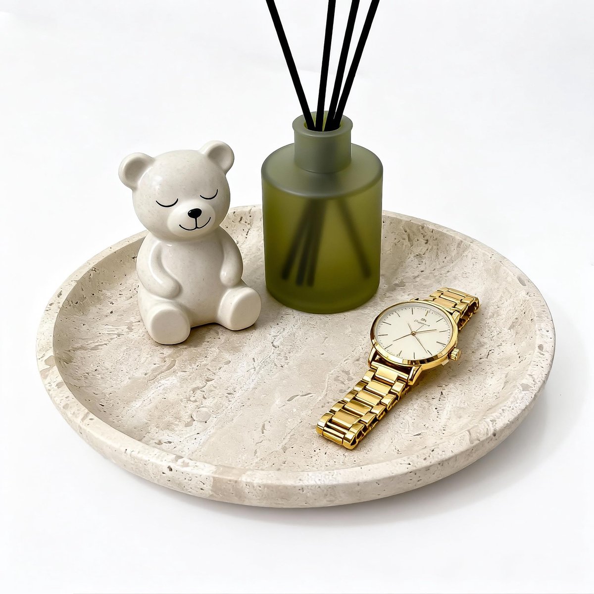 Wastafelblad voor badkamer, commode, plank, woonaccessoires, 26 cm d x 3 cm h, rond decoratief dienblad travertijn voor kaarsen, parfums, sieraden, planten, natuursteen, organizerschaal, beige