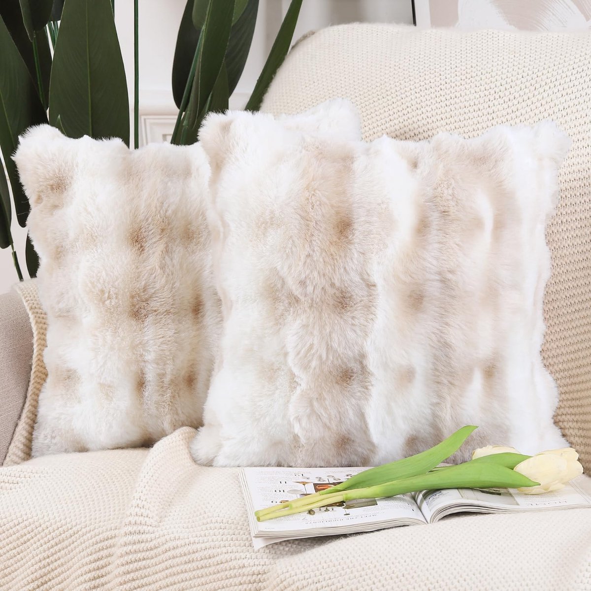 Set van 2 Dikke Pluche Faux Wol decoratieve Zachte kussenslopen decoratieve kussenhoes voor bank slaapkamer kussensloop 65x65 cm Wit Beige