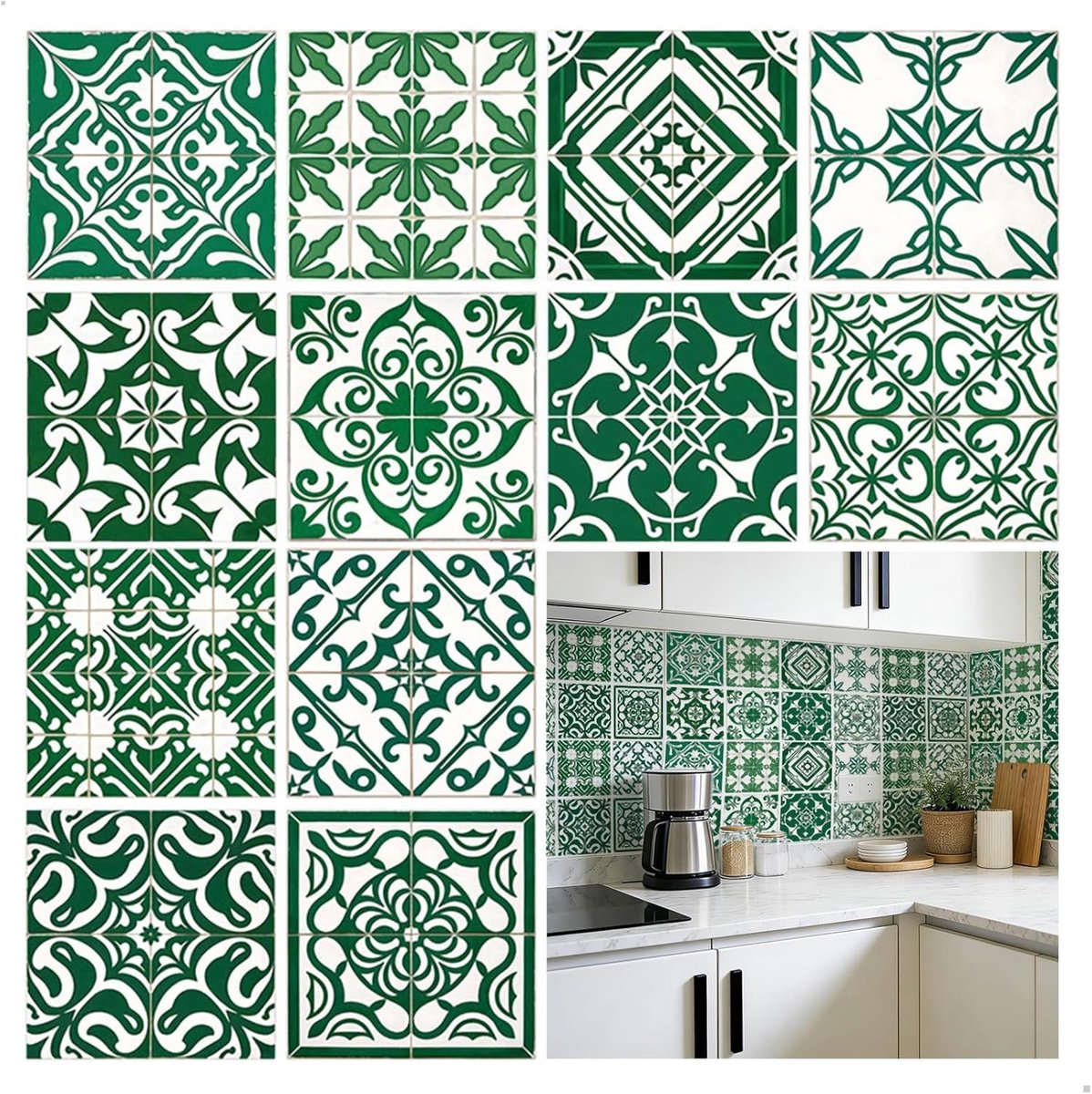 Tegelstickers voor een frisse uitstraling in keuken en woonkamer, zelfklevend, waterdicht, 12 stuks, 20 x 20 cm, eenvoudig aan te brengen, trendy design