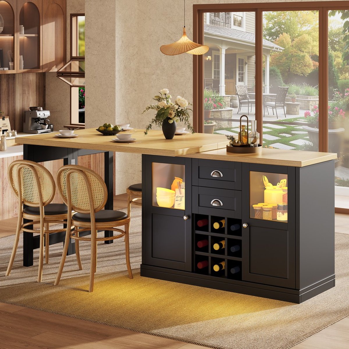 KOMHTOM Uitschuifbare Eettafel - 120-197 cm - Met LED-verlichting - 360° Draaibaar Tafelblad - Opbergruimte en Wijnrek - Wit Zwart - Modern Design - Keukentafel Eetkamertafel - Ruimtebesparend - Metalen Onderstel - Draagvermogen 60 kg