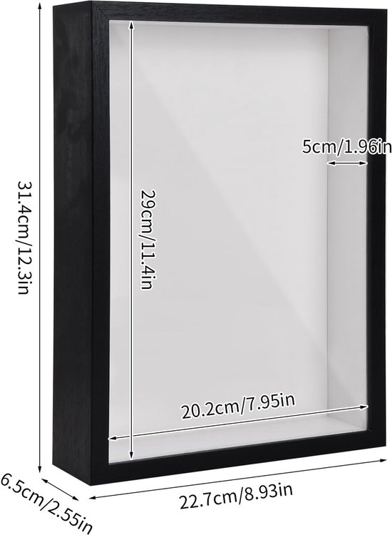 3D Shadow Box A4, 8,9 x 12,4 inch diepe doos fotolijst voor tafelblad en muur, houten 3D-fotolijst, displaybox voor ambachten, memorabilia bloemkaartjes medaille (zwart 5 cm) — afbeelding 5