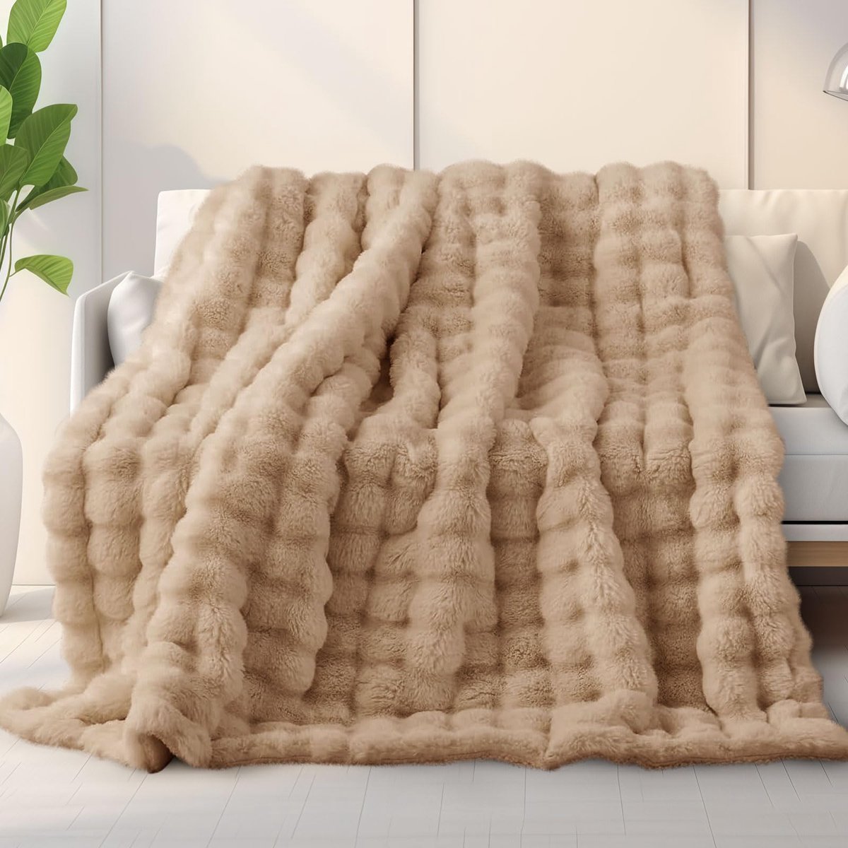 200 x 230 cm, konijntje pluche deken, super zachte woondeken, dikke woondeken, warme sprei, bankdeken voor bank, slaapkamer, kantoor, beige