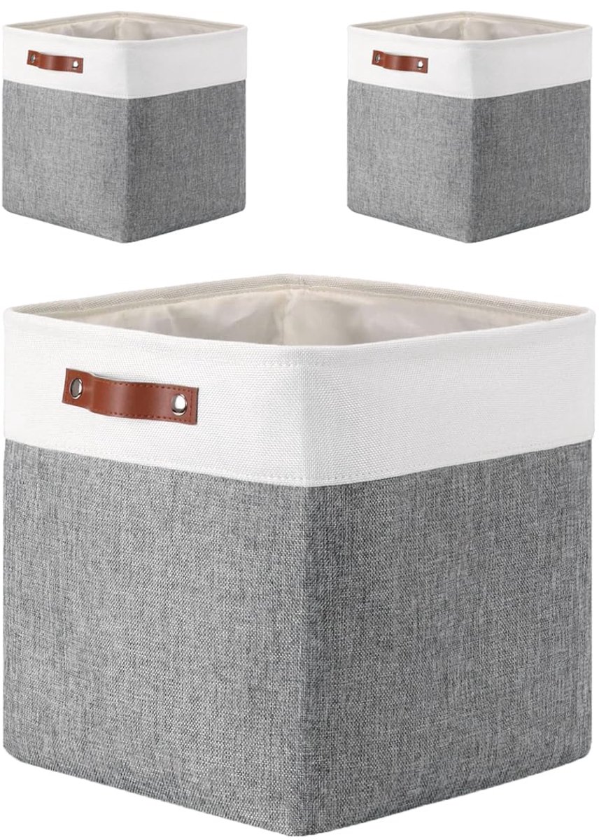 Verdikte opbergdozen, set van 4 stoffen opbergkubussen met handgrepen (33 x 38 x 33 cm, grijs wit)