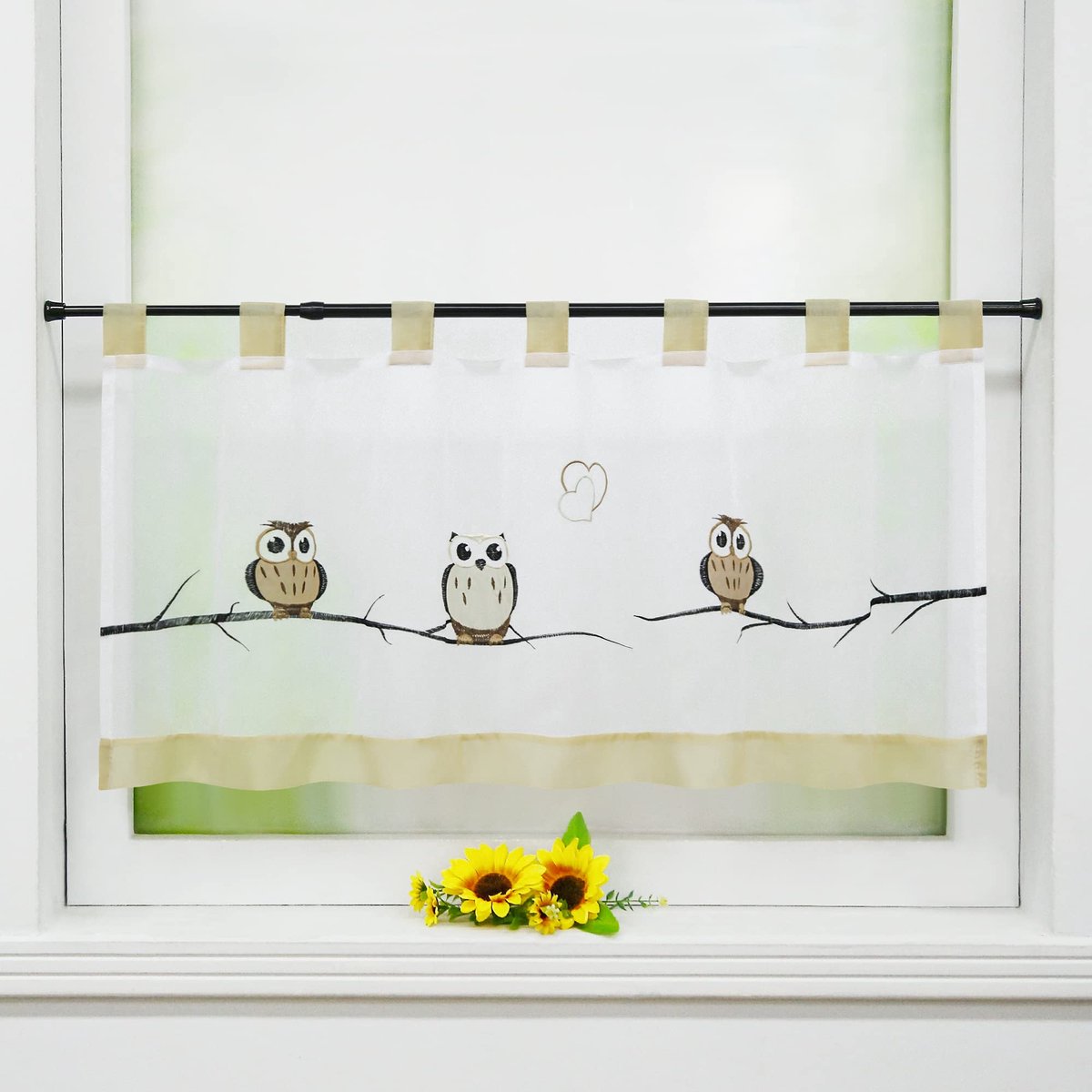 Vitrage bistrogordijn met lussen »Grete« met uilenpatroon, transparante vitrage, H x B 45 x 90 cm, zand 1 stuk verpakking
