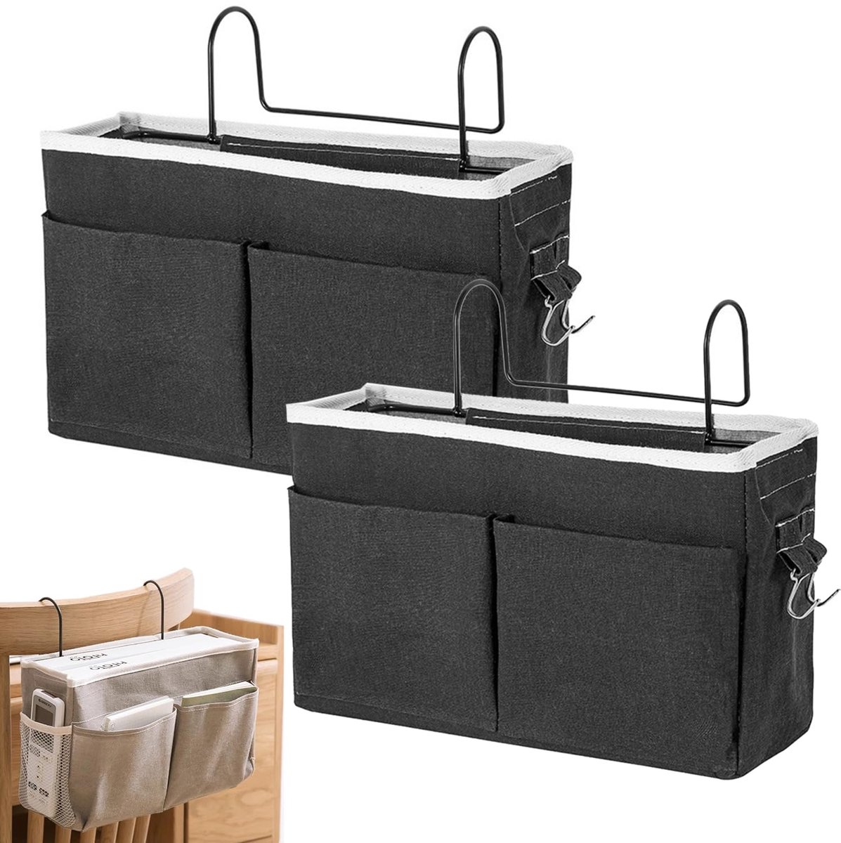 2 stuks bedorganizer om op te hangen, hangtas, organizer, multifunctionele bedtas, organizer, bedtassen, voor kantoor, keuken en slaapkamerbed te gebruiken (zwart)