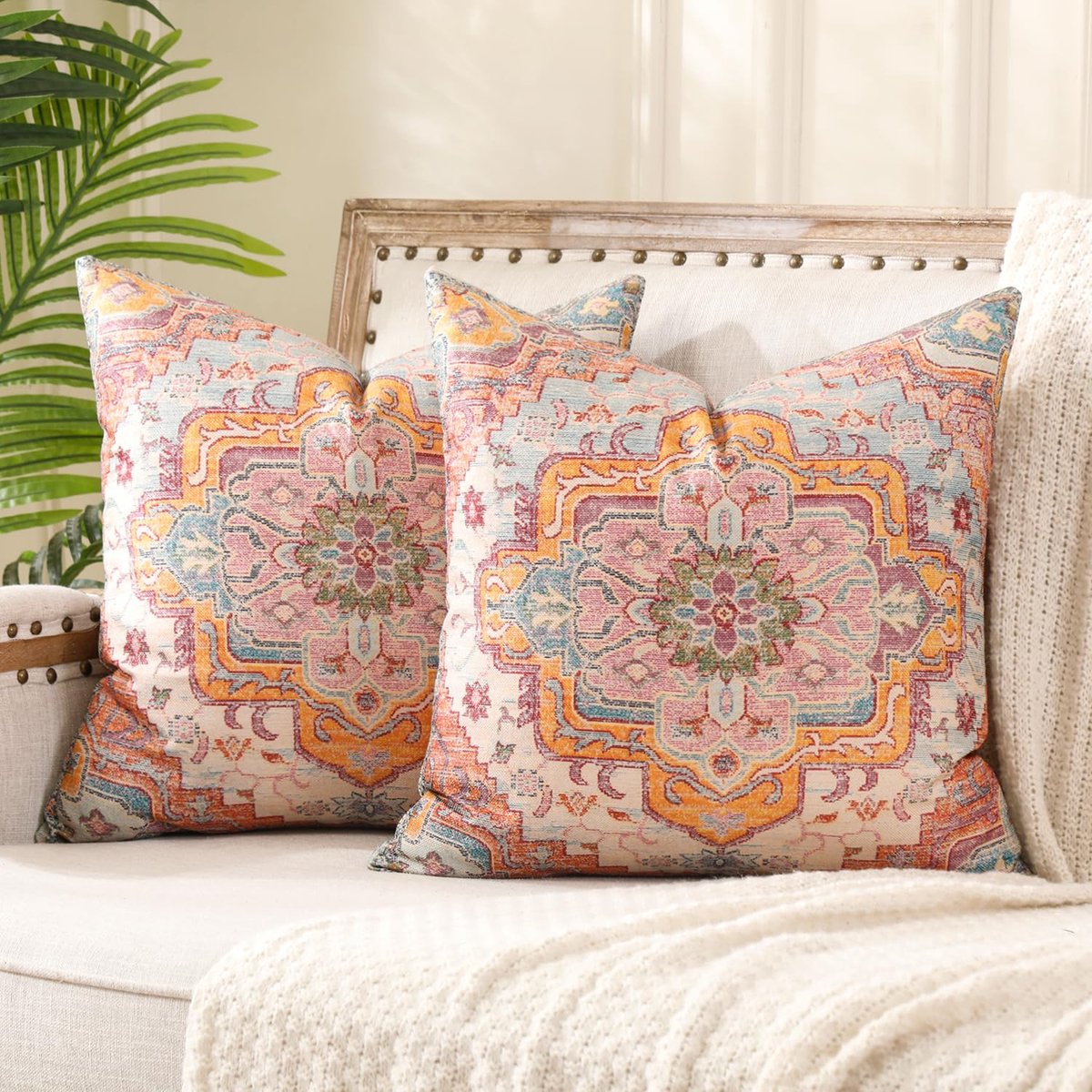 Set van 2 Boho kussenslopen, oranje, 45x45 cm, Boheems bloemenpatroon, vintage tapijtmotief, etnisch kussenhoes, decoratief voor woonkamer, sofa, slaapkamer, herfst