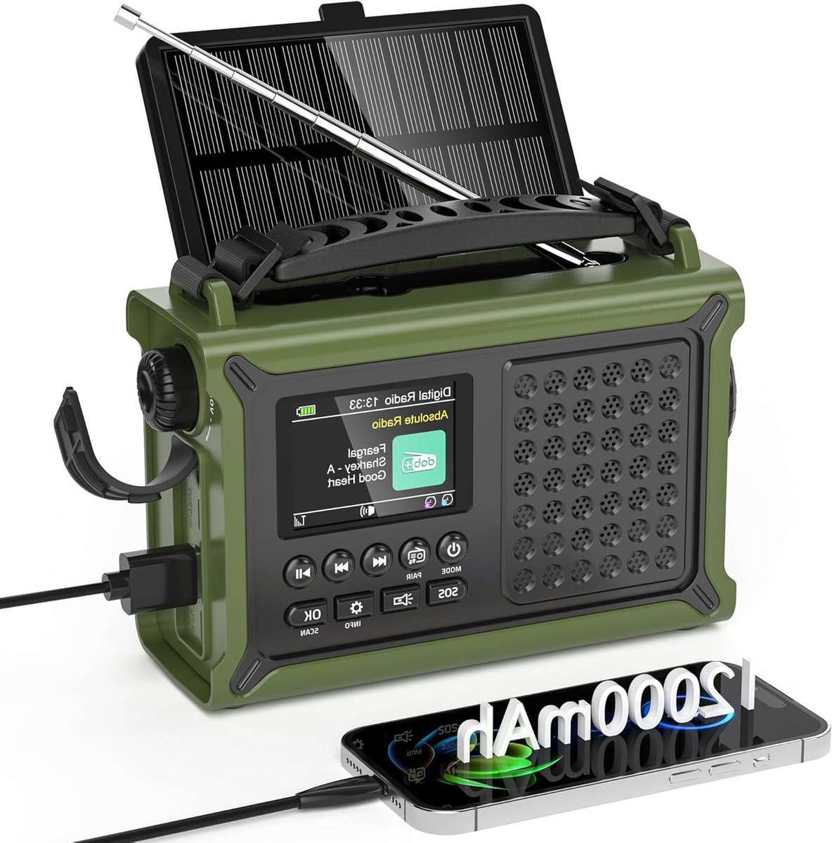 Noodradio - Draagbare radio - Buitenactiviteiten - Vijf stroombronnen - 12000 mAh accu - Groen