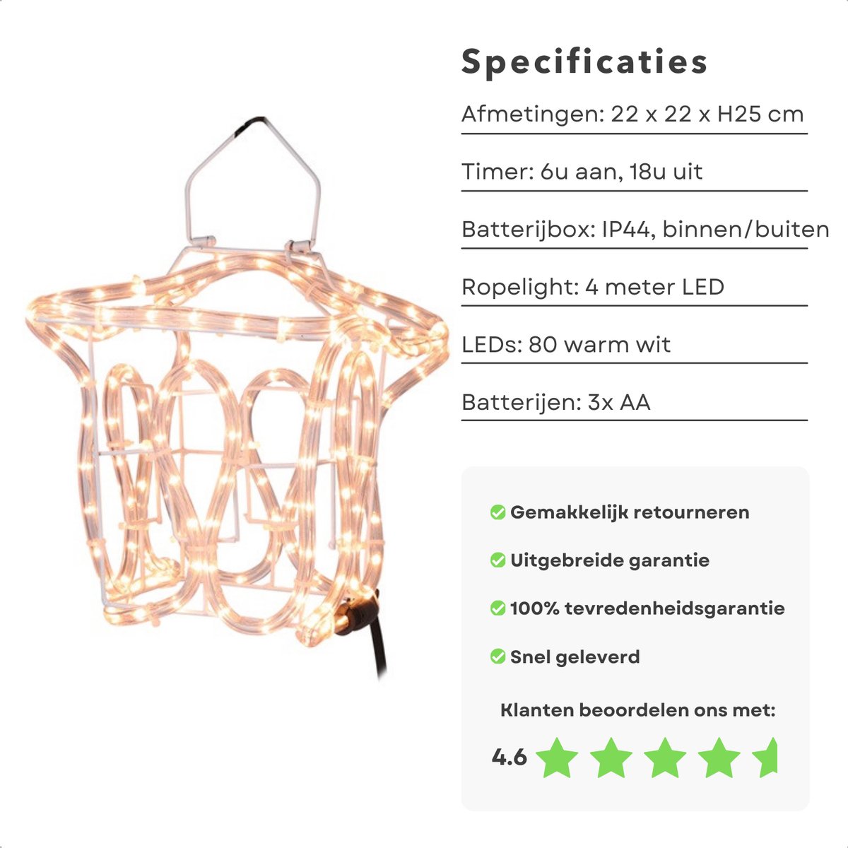 Cheqo® Kerstlantaarn - Metalen LED Lantaarn met Timer - Kerstdecoratie Tuin - Warm Wit Batterijverlichting – foto 6