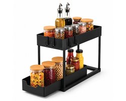 Caryota Keukenkast Organizer - Uitschuifbare Lade voor Gootsteenkast of Badkamer - Dubbellaags - Uitrekbaar - 39,7 x 22 x 35 cm - Kunststof - Zwart