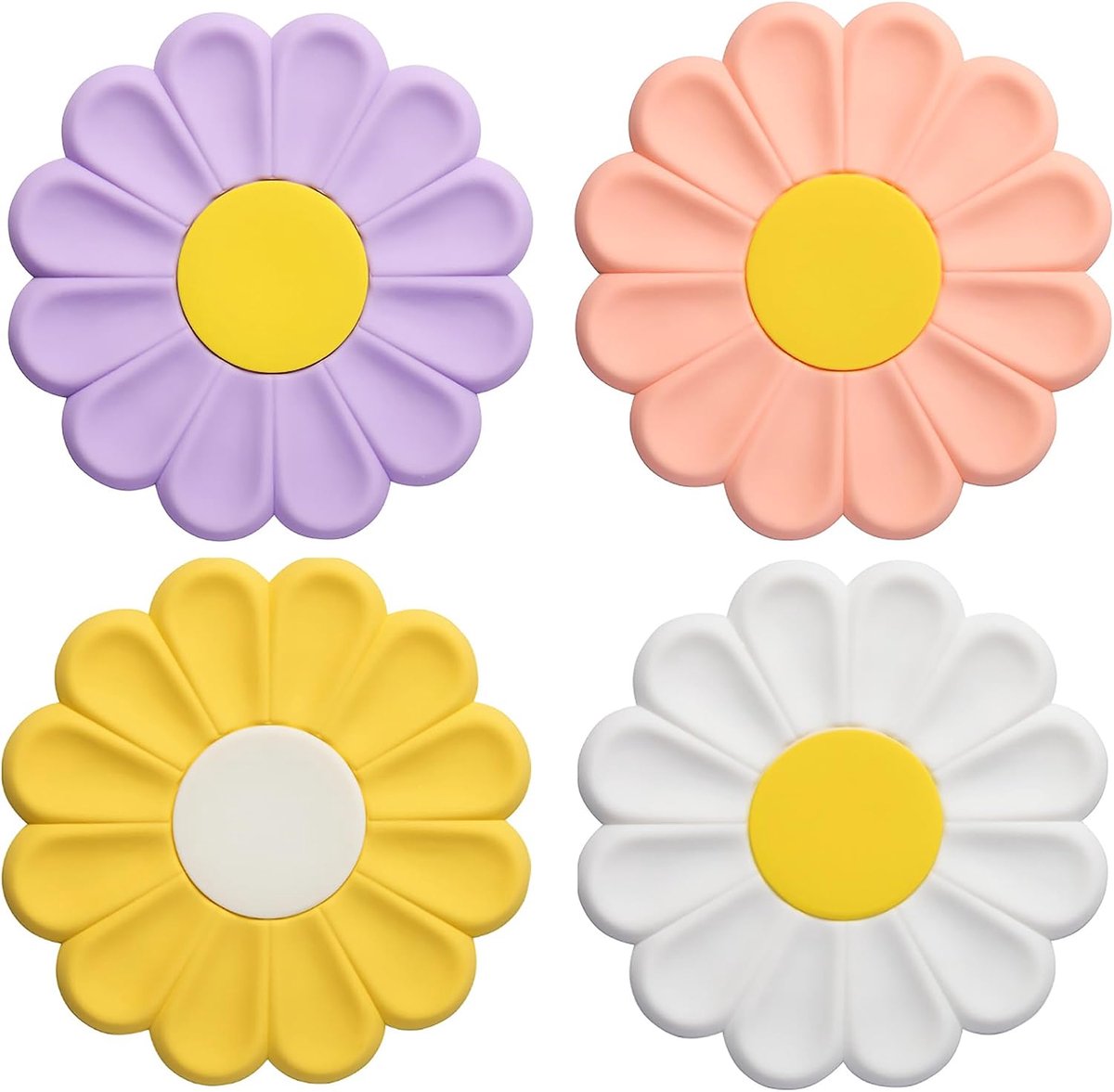 Daisy siliconen warmte-isolatiemat - 4-delige set - 17 cm - Hittebestendig - Siliconen - Te gebruiken als warmte-isolatiemat/koffieonderzetter/placemat - Antislip - Roze, paars, geel, wit