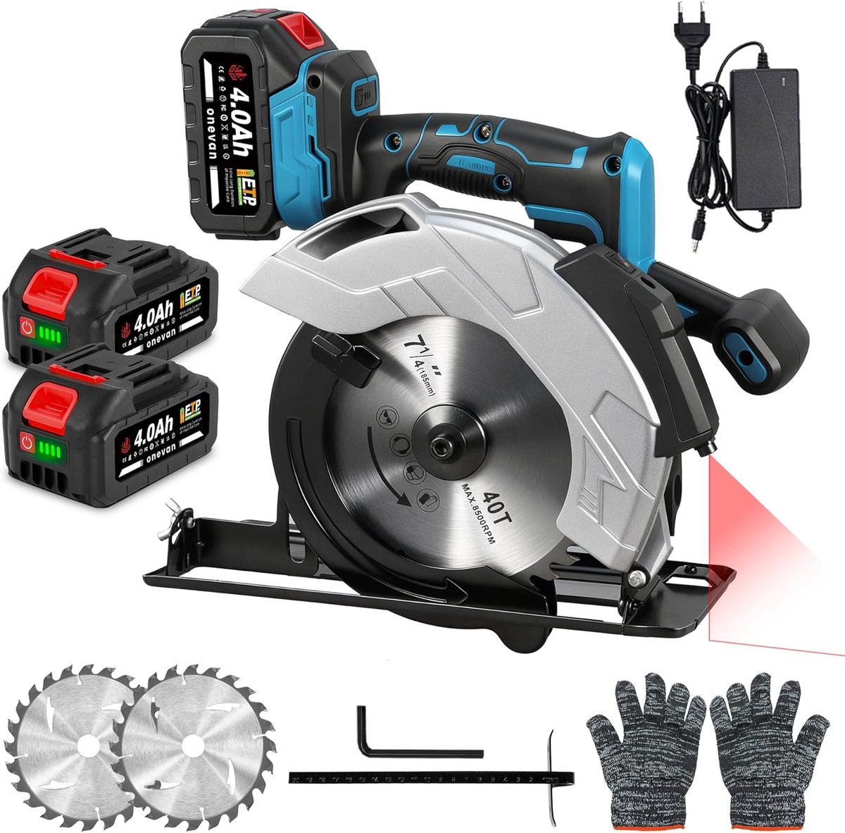 Cirkelzaag draadloos met laser - 1200W borstelloze motor - 60mm diepte - schuine snede 0-45° - 4000 omw - min - 2x batterijen 4.0Ah - voor hout en metaalbewerkingen (blauw)