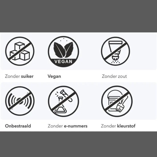 Zes iconen: verboden op suikerklontjes, veganistische bladeren, verboden op zoutvaatje, verboden op radioactieve symbolen, verboden op e-nummers, verboden op verfemmer.