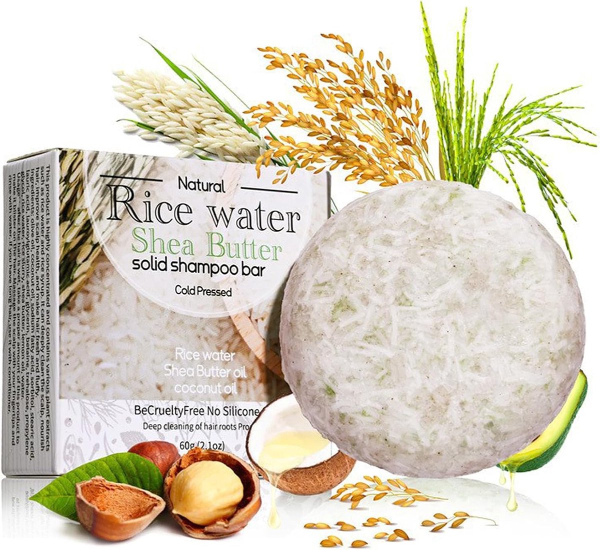 Rijst- en sheaboterzeep, natuurlijke shampoo-zeep met kokosolie, zeep voor haargroei en tegen haaruitval, Rice Soap Bar voor volume/sterker haar, haarverzorging voor droog en beschadigd haar