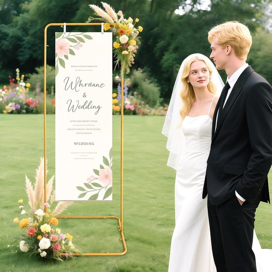 Bruiloft welkomstbord standaard 80 × 50 × 180 cm Welkom bij onze bruiloft bord houder standaard met 4 lederen banden, zware metalen ezel voor teken poster — afbeelding 5
