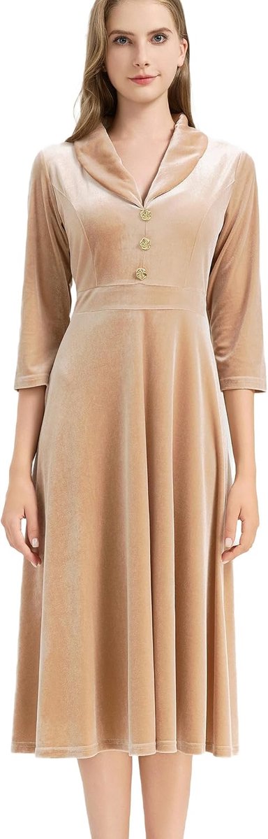 Dames Fluwelen Jurk Elegante Vintage Midi 3/4 Lange Mouwen Herfst Winterkleding Feest Bruiloftsgast
