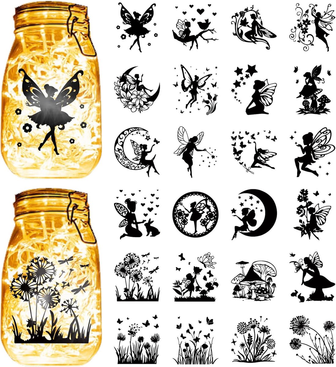 24 stuks Fairy Silhouetten Lamp Jar Stickers Mason Jar Cutout Decals Waterdichte Transparante PVC Kerst Scrapbook Indoor Versiering Benodigdheden voor Muur Ramen Glazen Pot DIY Craft