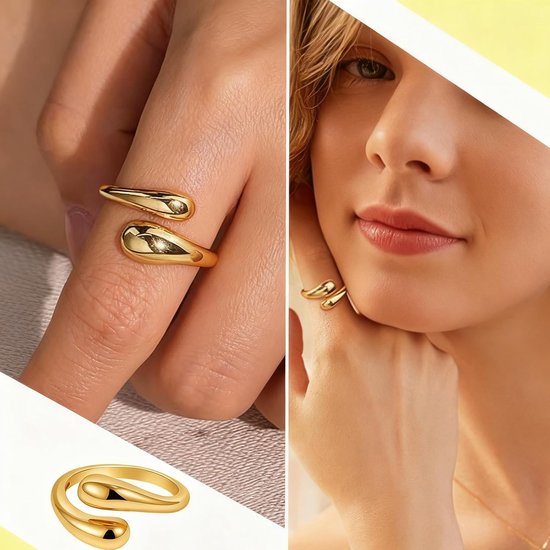 Ringen van roestvrij staal, verstelbaar, cadeau voor vriendin, ringen, goud, roestvrij staal, druppelvorm, dikke kleine vingers, verstelbaar, stapelbaar, hypoallergeen — afbeelding 2