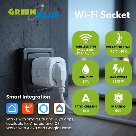 Witte Wi-Fi stopcontact met blauwe aan/uit-knop, aangesloten op een muurstopcontact. Informatie over draadloos type, bedrijfstemperatuur, luchtvochtigheid, max. vermogen, nominale stroom en IP-classificatie.