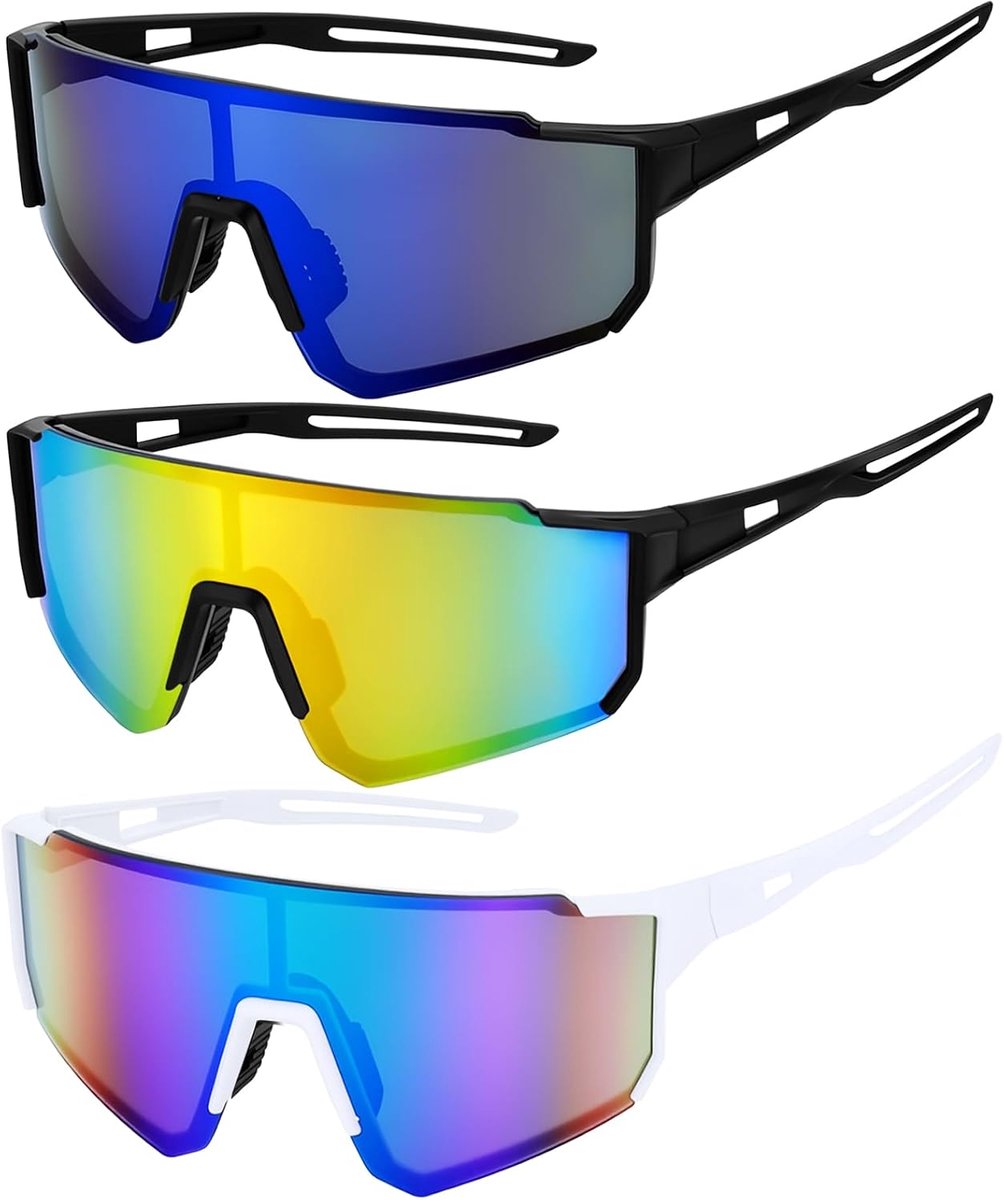3 stuks fietsbril voor heren en dames, sportzonnebril, fietsbril, uv-400-bescherming, fietsbril met comfortabel neuskussen, fietsbril voor outdooractiviteiten zoals fietsen, skiën, vissen, hardlopen