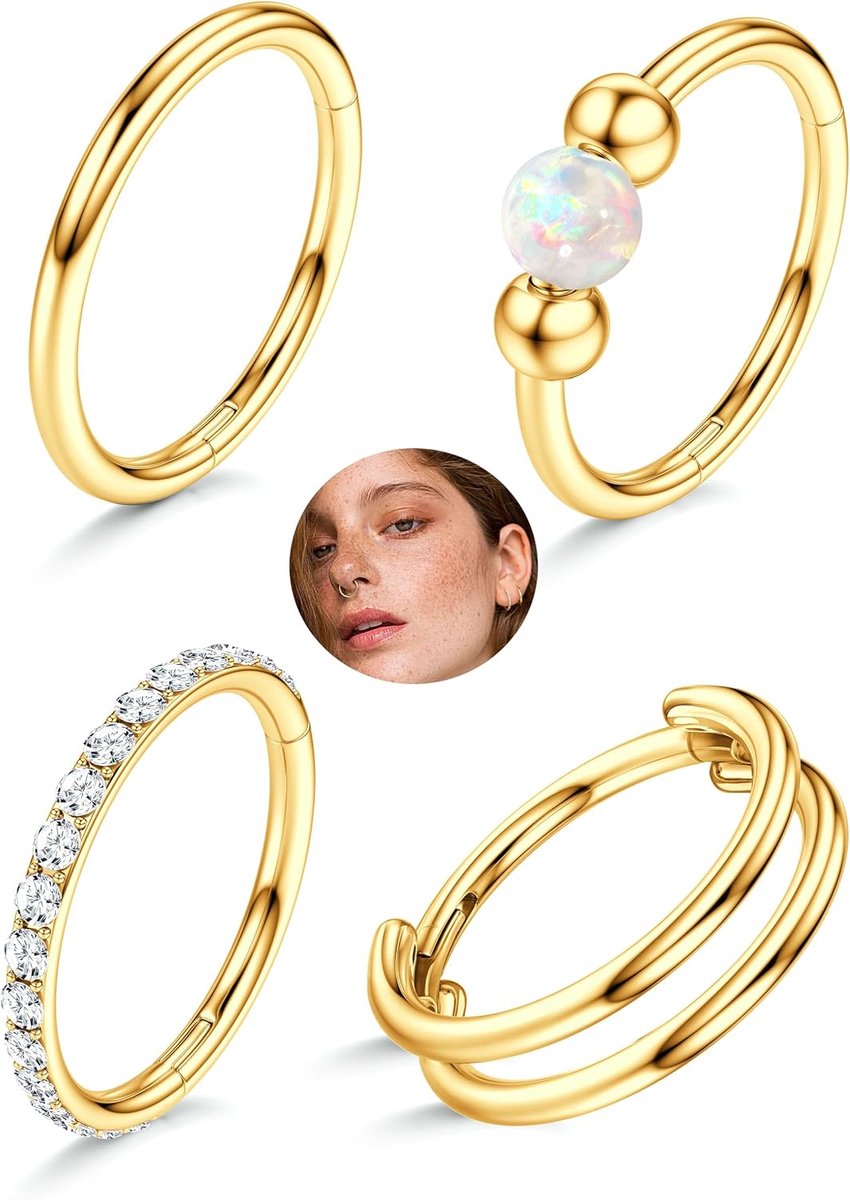 Neuspiercing, 4 stuks, 16G, 18G, 20G, chirurgisch staal, 316L chirurgisch staal, neusring, helix, conch, tragus, daith, oor, goud, zilver, clicker, lippenring, 6 mm, 8 mm, 10 mm