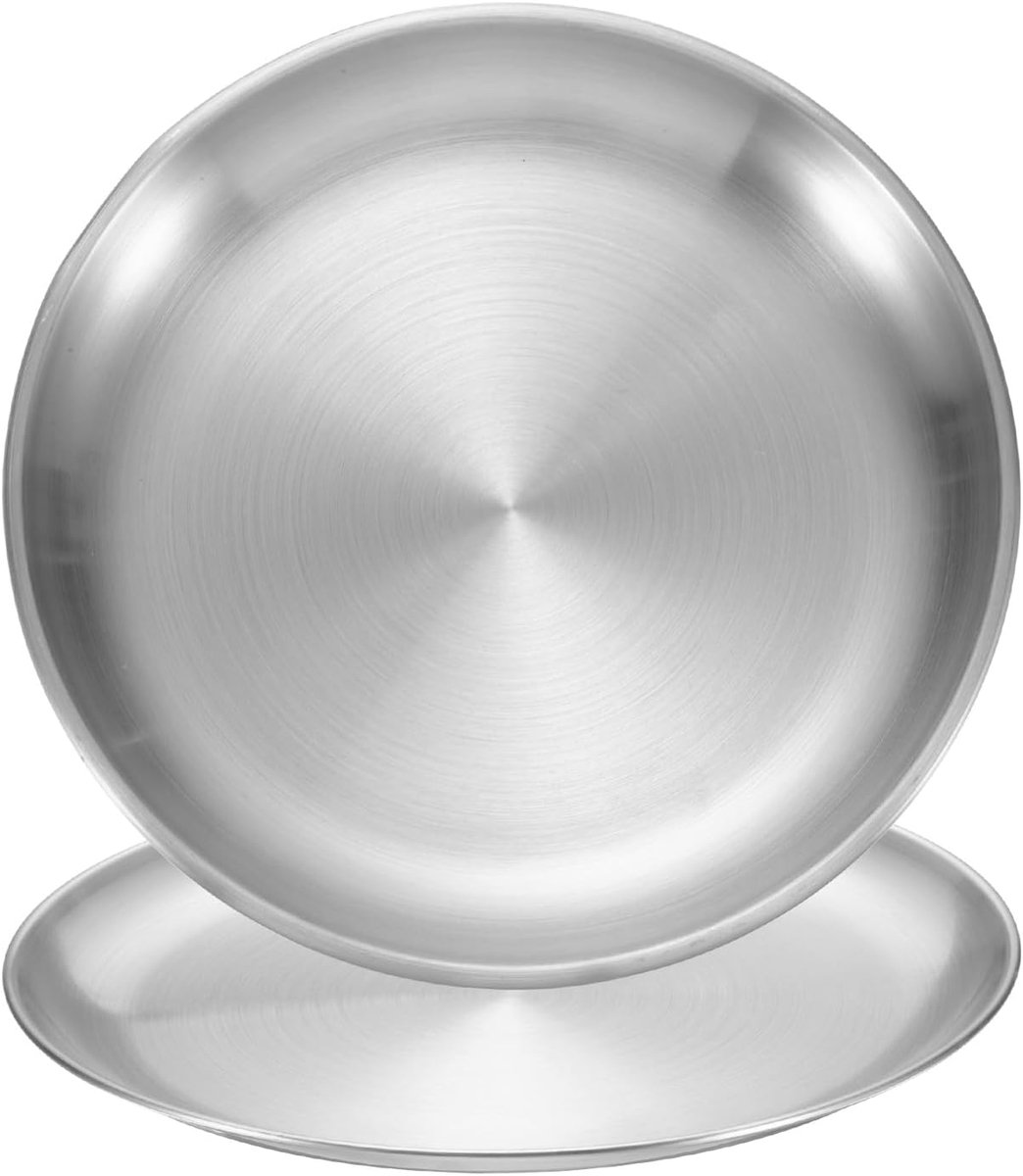 2 serveerborden van roestvrij staal, set van 2 borden, rond, 24,6 cm, metalen borden voor restaurants, keuken, desserts, salade, eten in de open lucht, camping, zilver