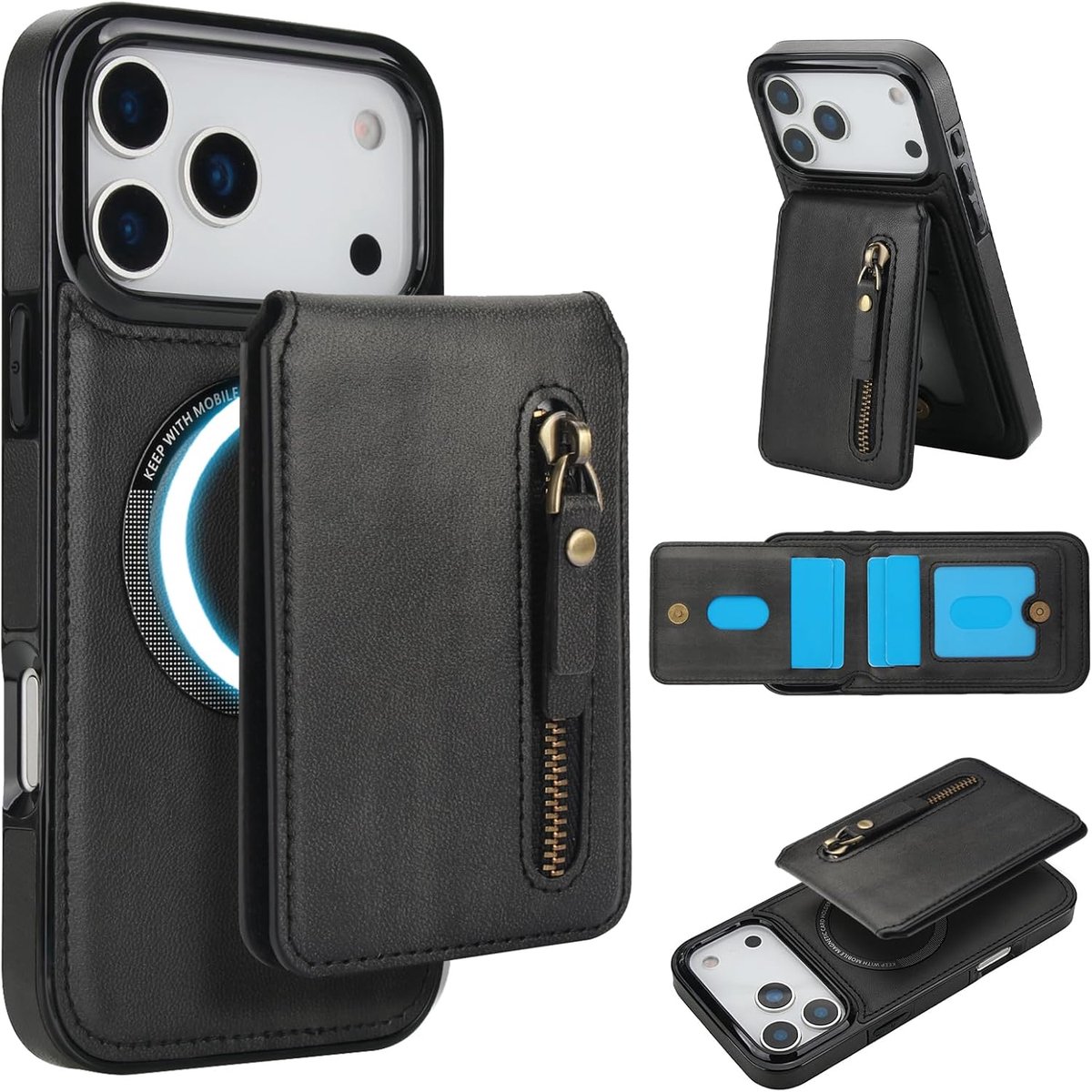 Hoesje voor iPhone 17 Pro Max met scheidbare kaarthoes, compatibel met Magsafe, PU-lederen ID-standaard, klassiek voor iPhone17 Pro Max 2025 6,9 inch - zwart