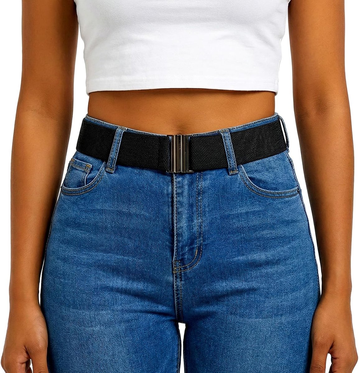 2 stuks stretchriem zonder gat voor vrouwen/heren, elastische riemen zonder gat met platte gesp, verstelbare riemen voor dames, trendy voor broeken, jeans (zwart)