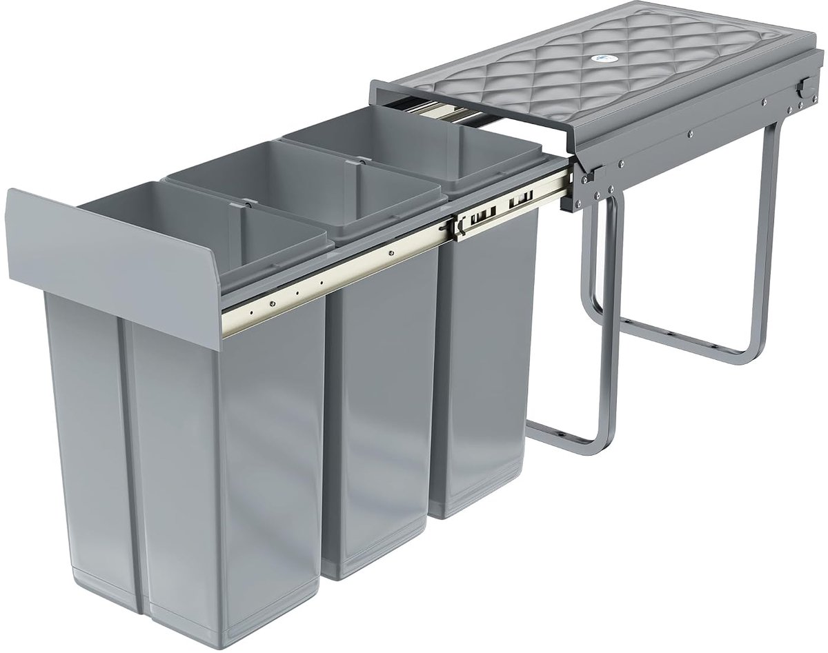 Inbouwafvalemmer voor de keuken, 3 vakken, uittrekbaar, afvalemmer, keukenonderkast, met telescopische rails, keukenafvalemmer, inbouw afvalscheidingssysteem, grijs, 3 x 10 l