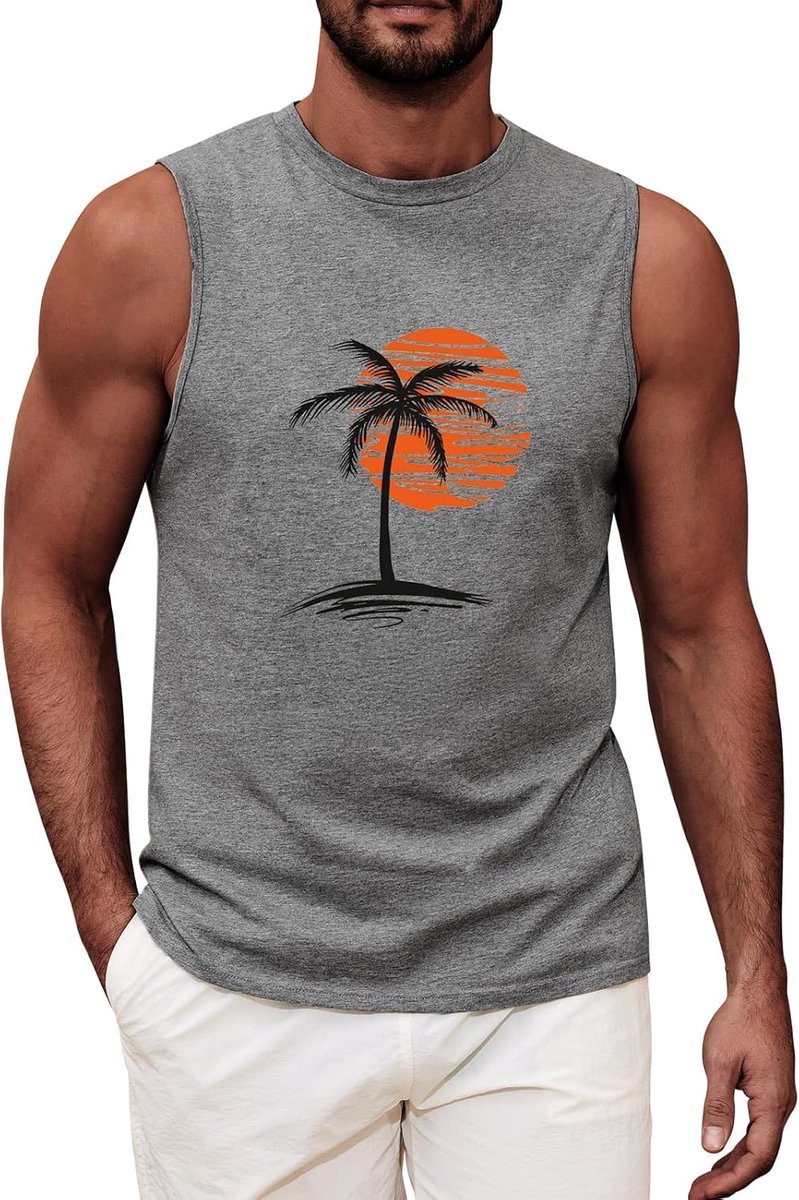 Tanktops Heren Mouwloos T-shirt Ronde Hals Tank Top Katoenen Sportvesten Bodybuilding met Palmen voor Fitness Gym Strand Zomer