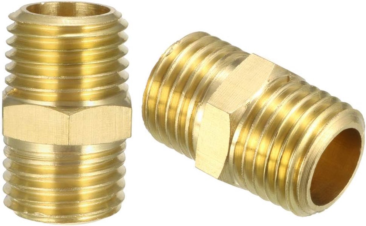 Sourcing map Messing Pijpfitting, Hex , 1/4" NPT x 1/4" NPT Mannelijke Slang 2 stuks