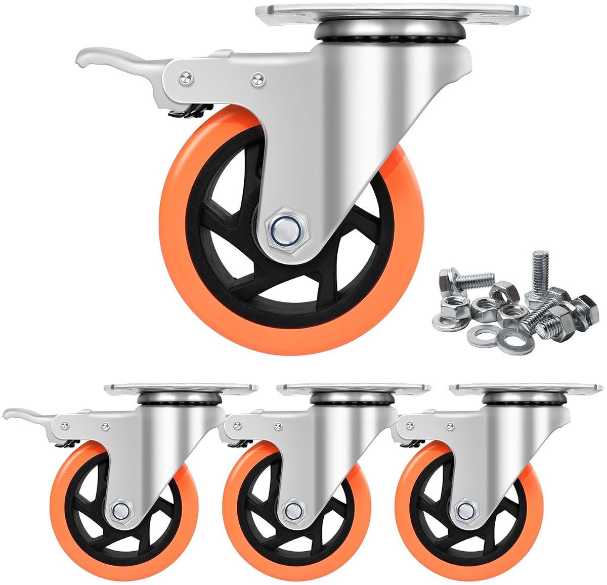 Zwenkwielen, zwaar uitgevoerde 1200LB diameter 100 mm PU-rubberen zwenkwiel met remmen (4-pack)