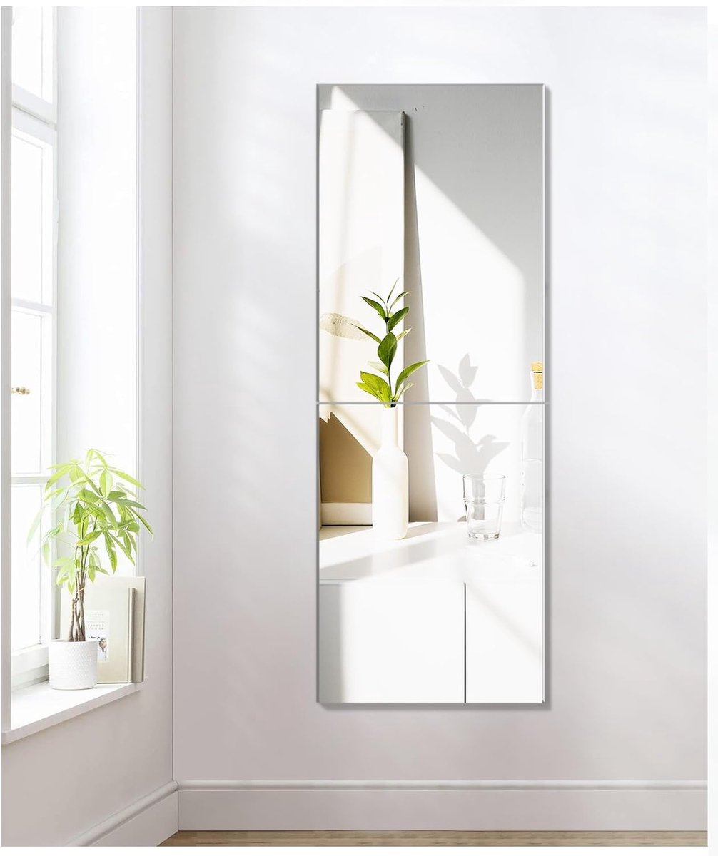 Spiegeltegels in volledige lengte, 30 x 40 cm, set van 2 zelfklevende spiegelglas, frameloze badkamerspiegels, grote muurspiegels voor slaapkamer, hal, woonkamer, kledingkastdeuren