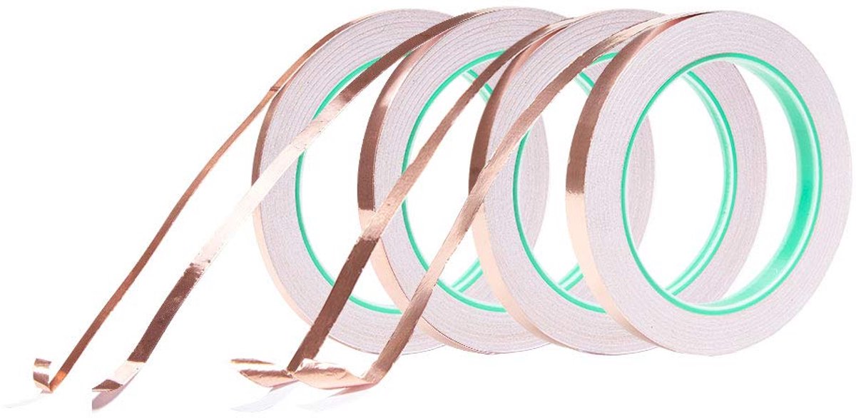 4 Rollen 5/6/8/10mm Zadel Bruin Koperfolie Tape met Dubbelgeleide Geleidende Lijm voor EMI Afscherming Solderen Aarding Papier Circuit DIY Ambacht, 21,87 Yards/Roll