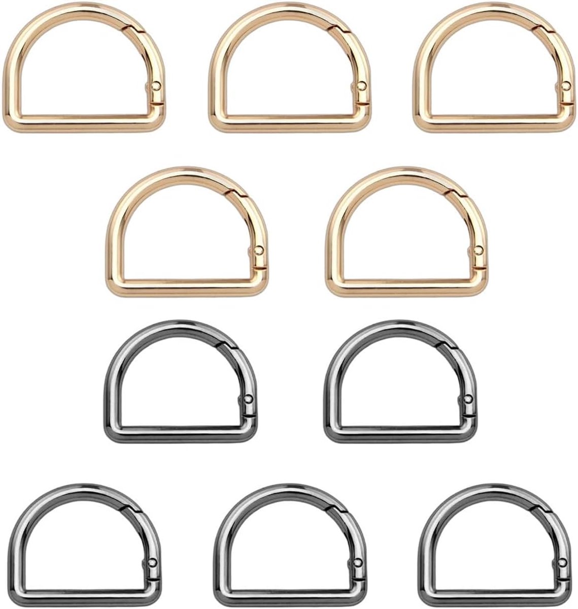 10 stuks D-ringen voor tassen - metalen legering veerklemmen met karabijnhaken DIY handtas hardware accessoires (5 goud + 5 zwart)