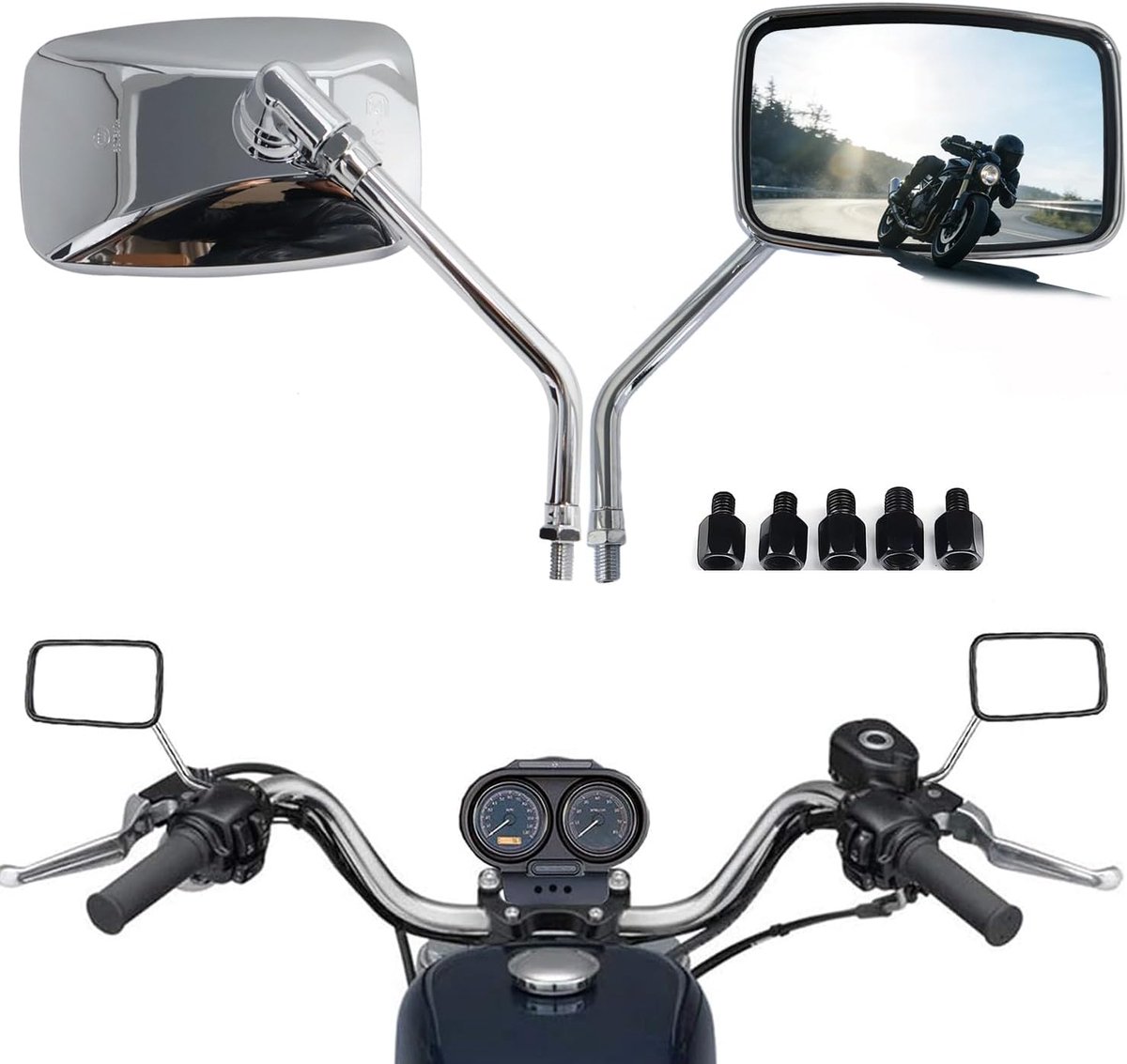 Spiegel voor motorfiets, 10 mm 8 mm chroom motorfiets achteruitkijkspiegel, compatibel met street bikes, sport bikes, ATV, quad, scooter, cruiser, touring (chroom#1)