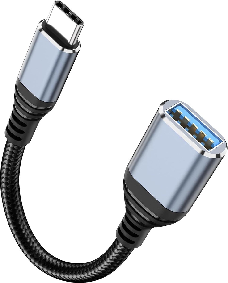 Adapter USB C naar USB A 3.0 5Gbps OTG kabel type C mannelijk naar type A vrouwelijk nylon gevlochten aluminium compatibel met iPhone 17 Pro Max Air 16 15 MacBook Air iPad Galaxy S25 (grijs)
