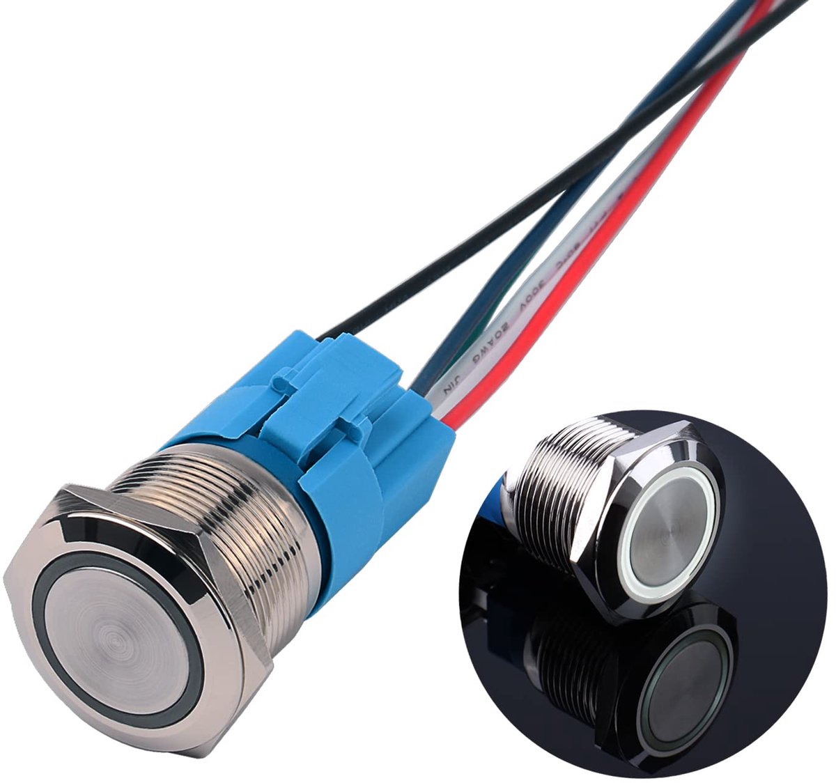 Metalen drukschakelaar, 22 mm, 12 V tot 24 V, 5 A, momentary led, toetsschakelaar, IP66, 1NO1NC, waterdicht, voorbekabelde aan/uit-knop, schakelaar voor voertuigmodificatie, camper, DIY