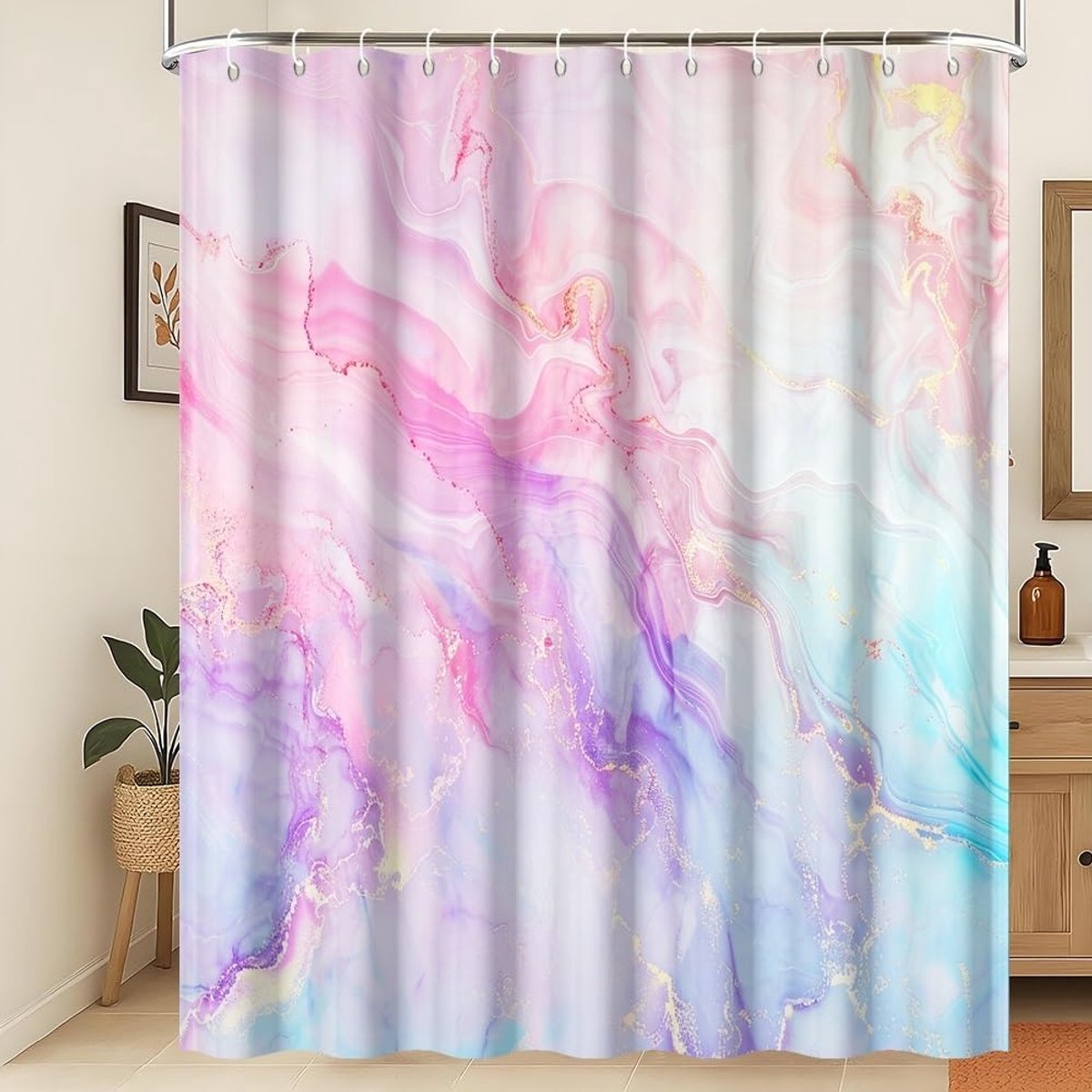 Douchegordijn kleurrijk blauw roze paars goud glitter marmeren douchegordijnen luxe aquarel inkt kunst badkamer gordijnen wasbaar waterdichte stof badkamer decoratie 150 x 180 cm