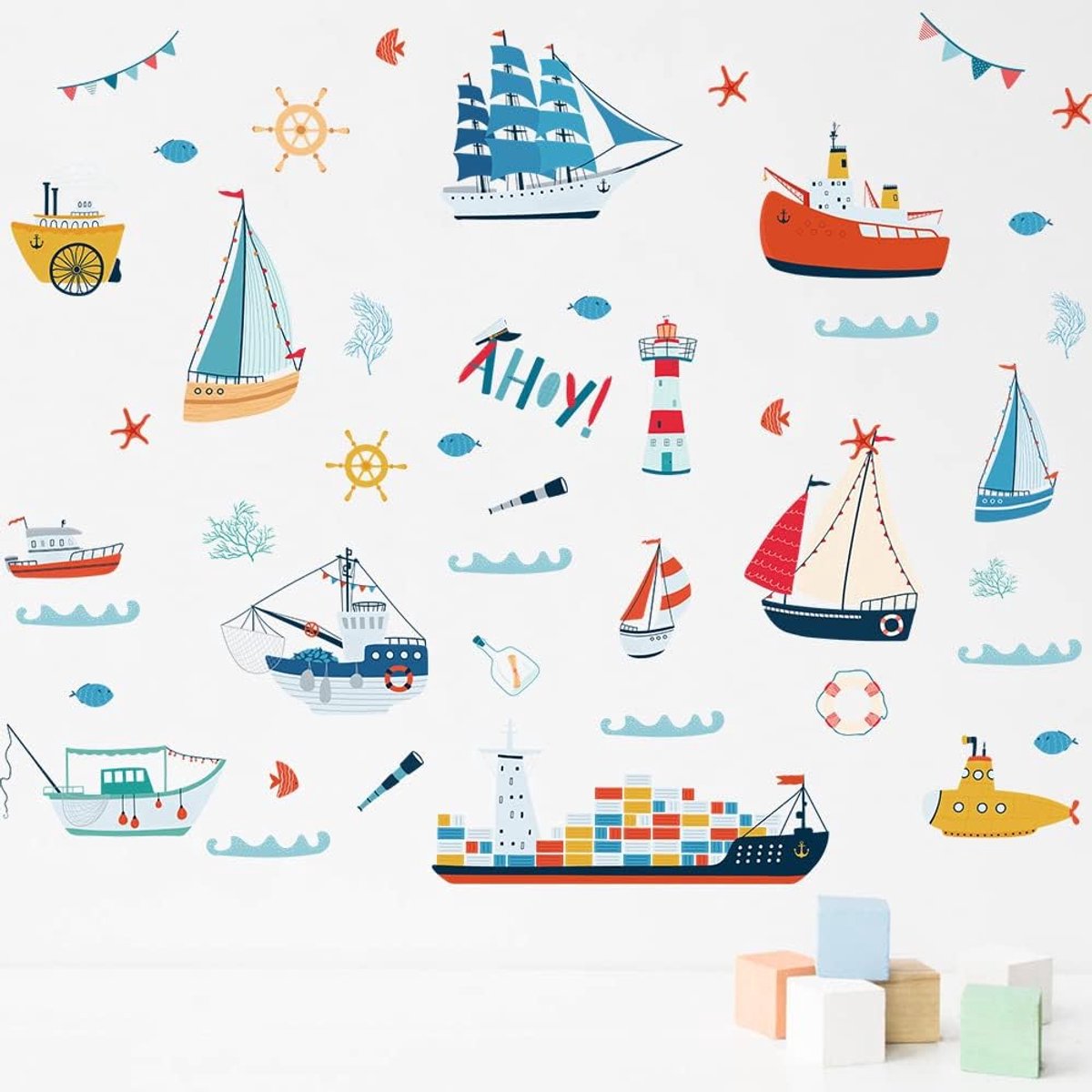 Muurstickers, Vuurtoren Zeilboot Peel en Stick Muurstickers voor Kinderen Baby Slaapkamer Badkamer Woonkamer