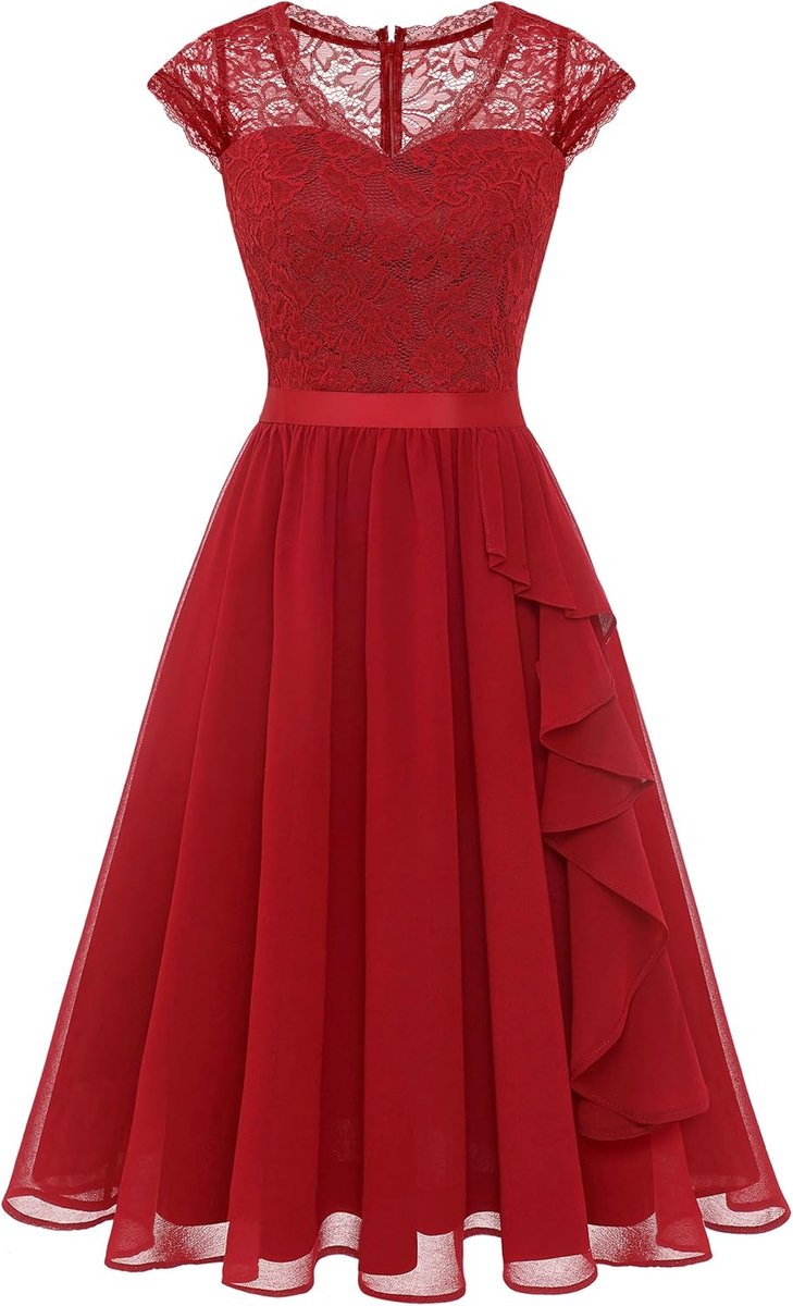 Cocktailjurk voor dames, knielang, avondjurk, elegant, voor bruiloft, elegant, A-lijn, ruche-jurk, rood, M