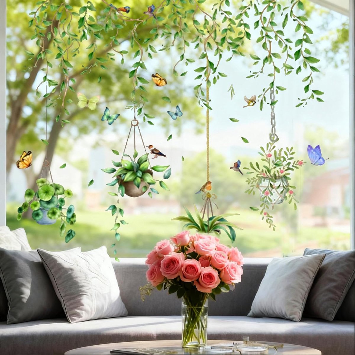 2 stuks raamstickers, decoratief, raamstickers, groene bladeren, planten, lente, zomer, raamstickers voor keuken, badkamer, woonkamer, slaapkamer