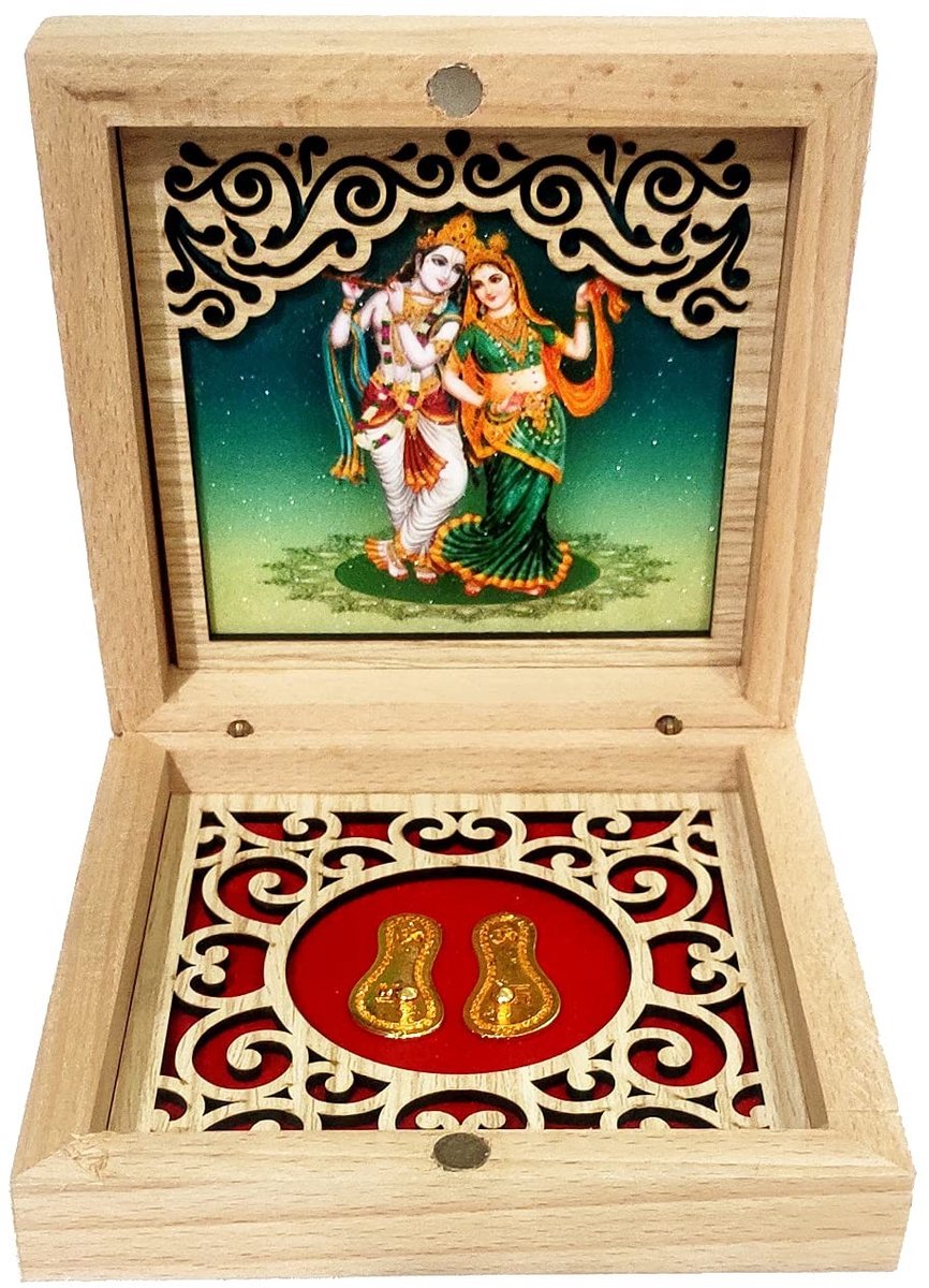 Elzusha - Houten Geschenkkistje met Radha Krishna Schildering en Paduka's