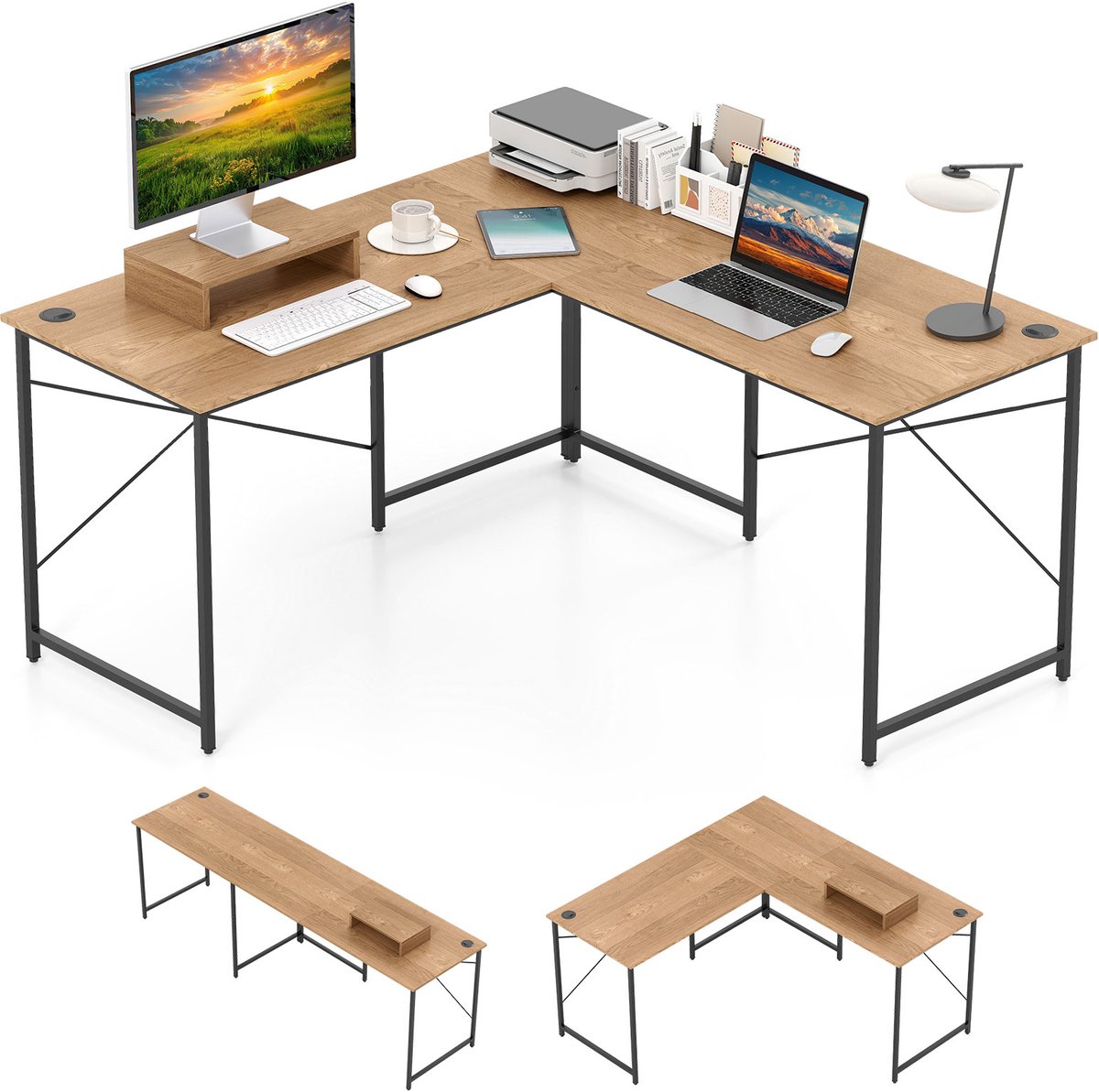 COSTWAY Bureau L-vorm, omkeerbaar hoekbureau, hoektafel met kabelgaten en afneembare CPU-/monitorstandaard, game-computertafel, kantoortafel voor thuiskantoor (naturel, zonder laadstation)