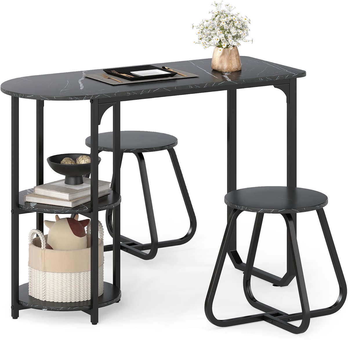 COSTWAY Eetgroep met 2 stoelen, eettafel met 2 planken, keukentafel in marmerlook, eetkamergroep, zitgroep voor kleine ruimtes, eetkamer, keuken (zwart)